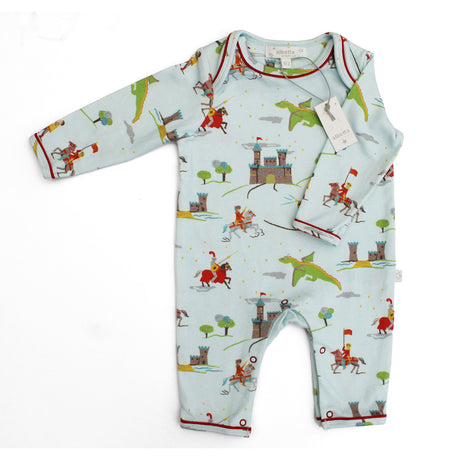Blue babygrow with knights, castle and dragons print