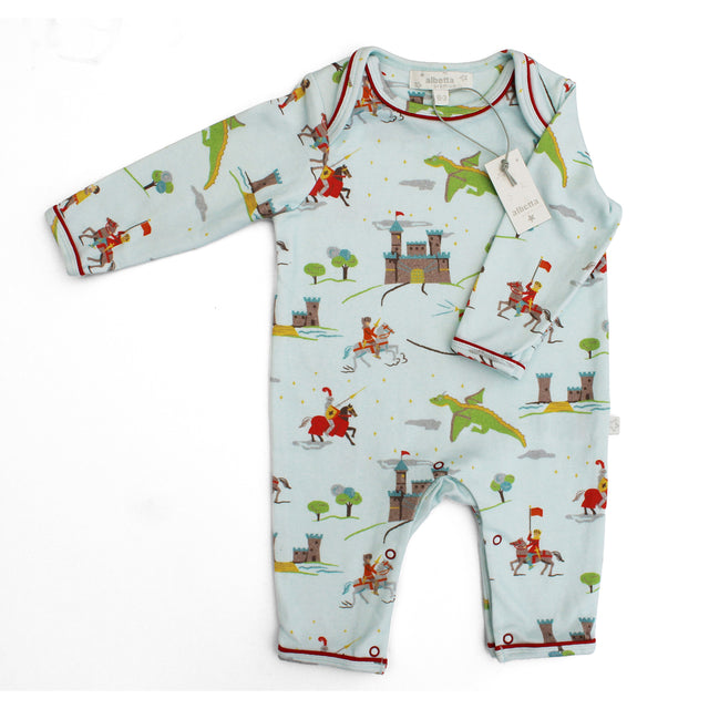 Blue babygrow with knights, castle and dragons print
