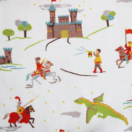 English knights, castle and dragon print on a blue cotton background
