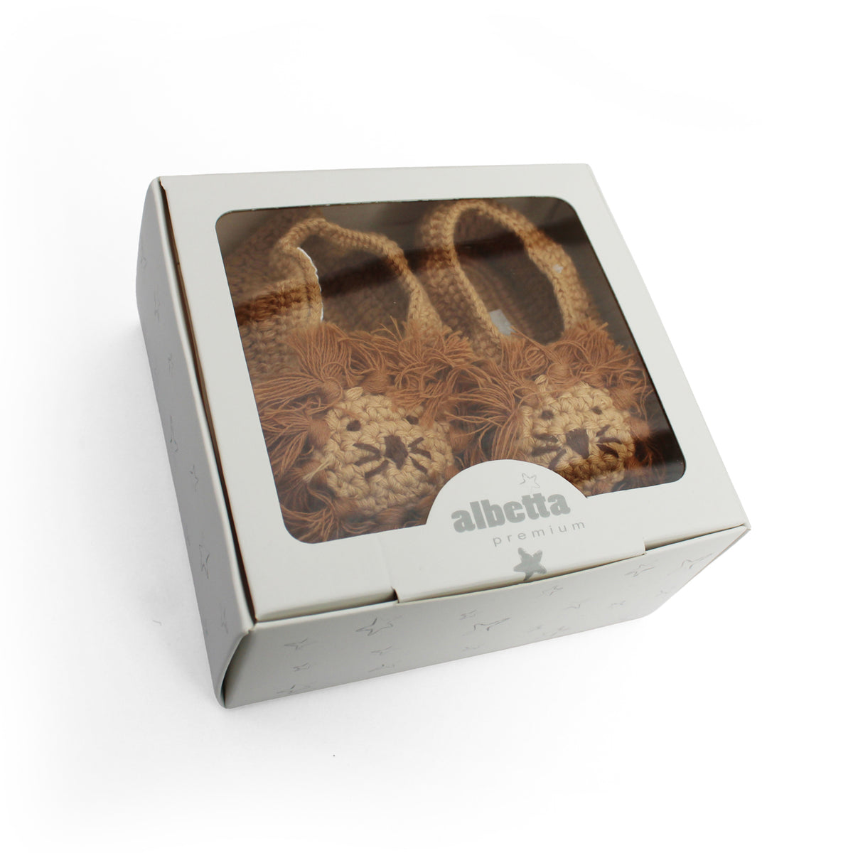 Albetta Crochet Lion Baby Booties in white gift box with clear window lid