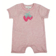 Pink baby romper with crochet strawberry design on a white background