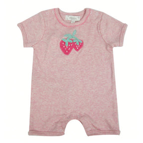 Pink baby romper with crochet strawberry design on a white background