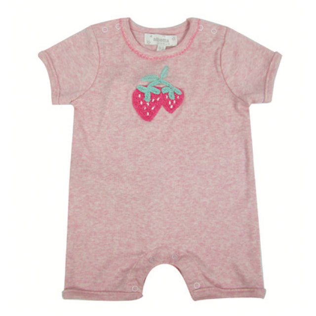 Pink baby romper with crochet strawberry design on a white background