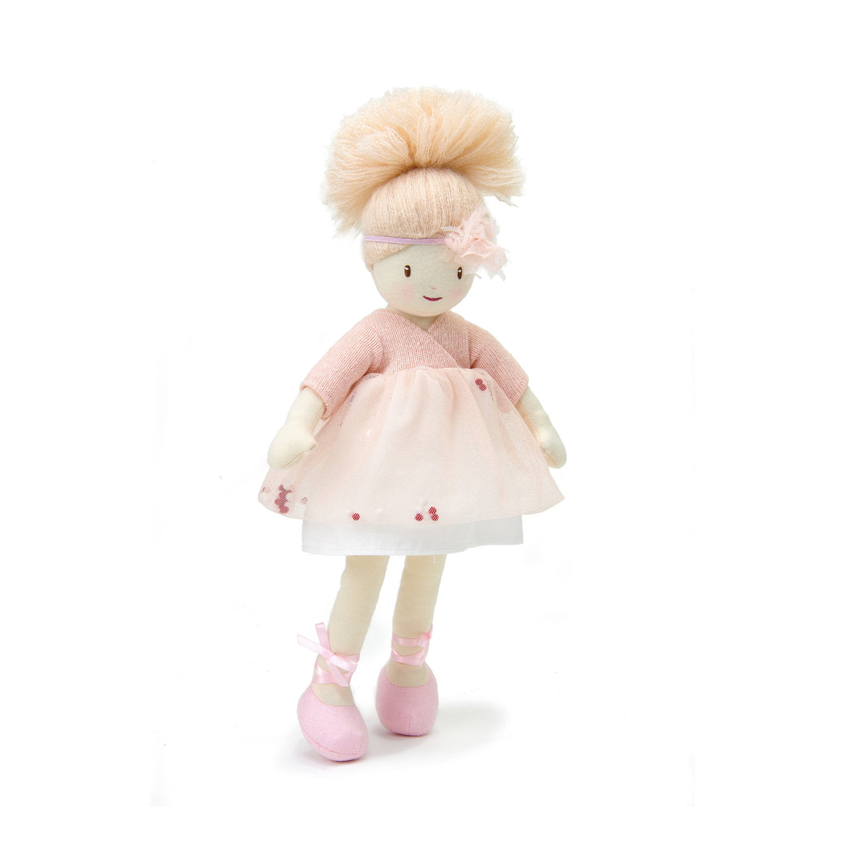 Stuffed doll with blonde hair and a pink tutu netted dress on a white background