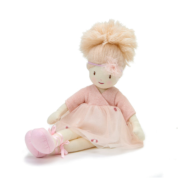Plush toy ballarina rag doll with blonde hair and pink outfit on a white background