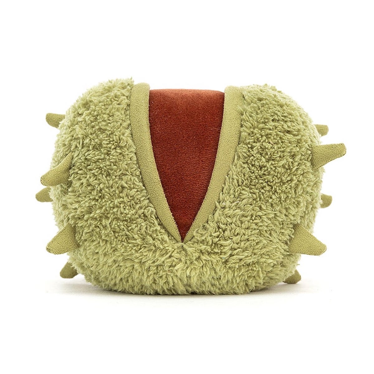 A plush toy resembling a conker, with a soft green shell and a brown body,