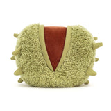 A plush toy resembling a conker, with a soft green shell and a brown body,