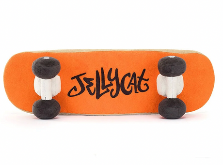 A plush toy in the shape of a skateboard . orange backing with jellycat details.