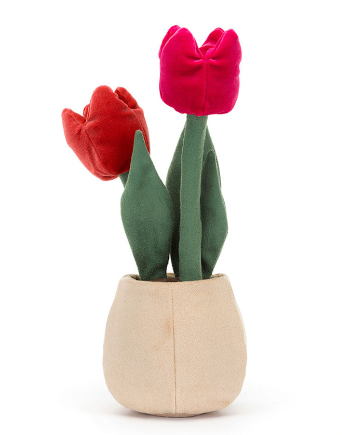 A plush toy depicting a beige pot with two pink tulips and green leaves