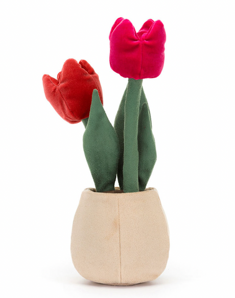 A plush toy depicting a beige pot with two pink tulips and green leaves