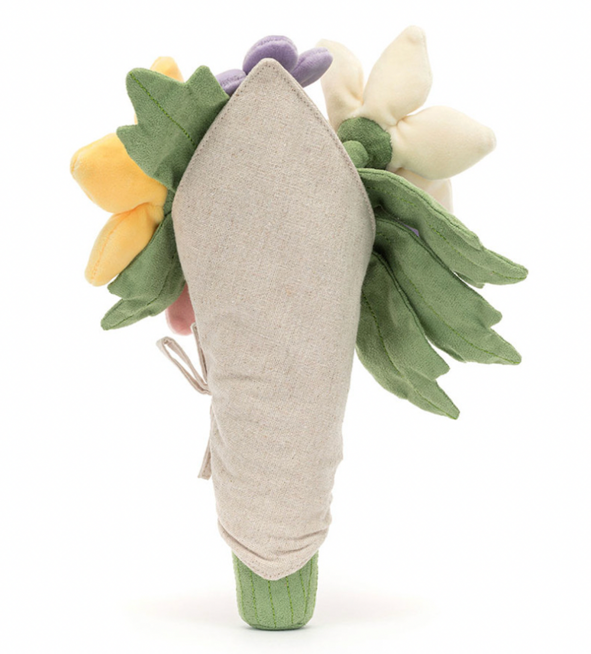 A plush toy bouquet of flowers with varied colors like pink, purple, and yellow, with a smiling face on the front and wrapped in a beige cloth.