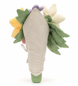 A plush toy bouquet of flowers with varied colors like pink, purple, and yellow, with a smiling face on the front and wrapped in a beige cloth.