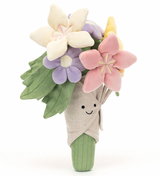A plush toy bouquet of flowers with varied colors like pink, purple, and yellow, with a smiling face on the front and wrapped in a beige cloth.