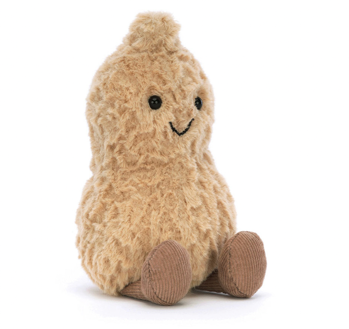 A soft plush toy resembling a peanut with a beige tumbly-textured shell, chocolate boots, and a tuft on top of its head.