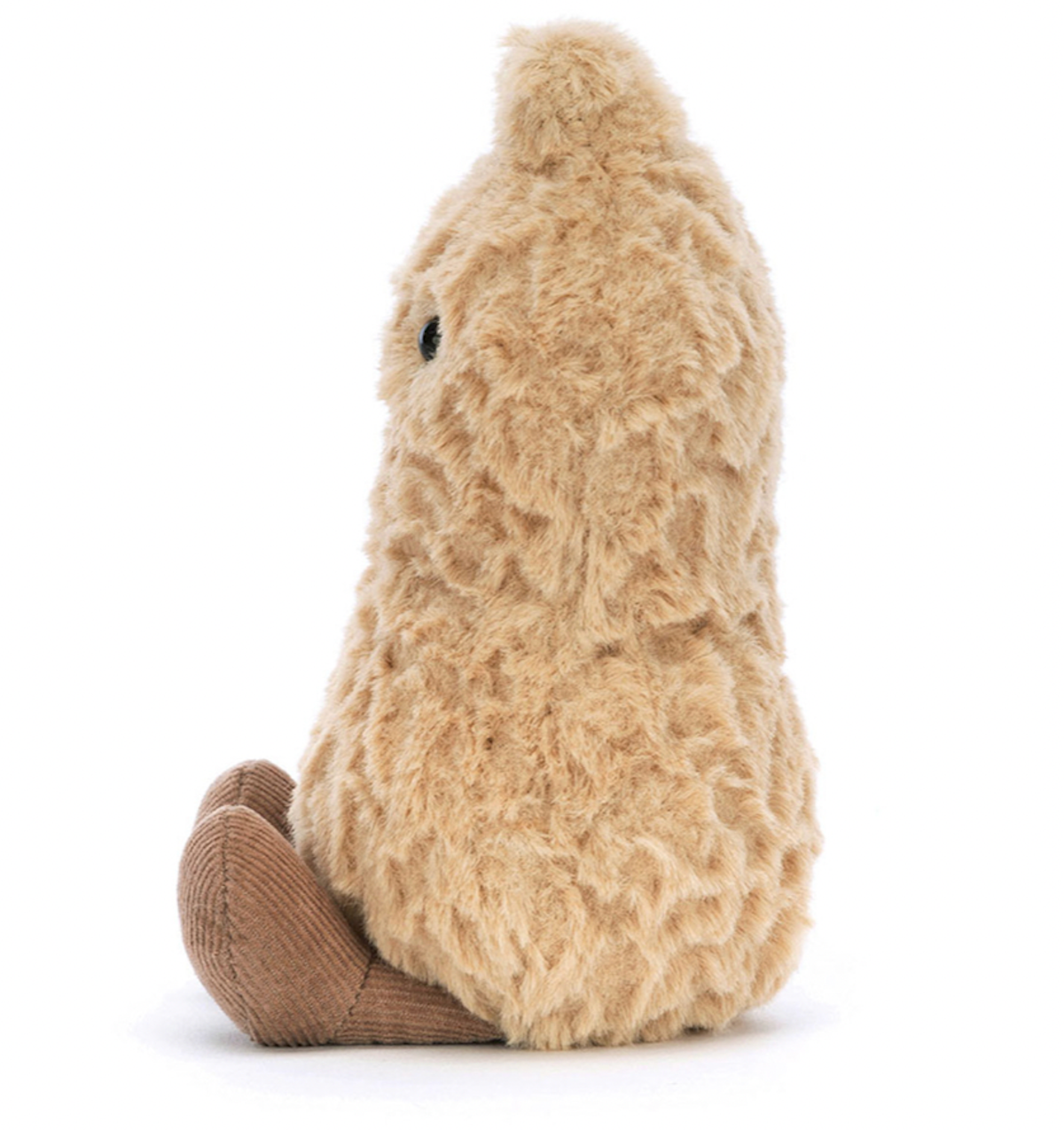 A soft plush toy resembling a peanut with a beige tumbly-textured shell, chocolate boots, and a tuft on top of its head.