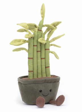 A plush toy resembling a potted bamboo plant with green leaves, red-brown stitch details, and a gray pot. The toy has a cheerful expression and fluffy soil at the bottom.