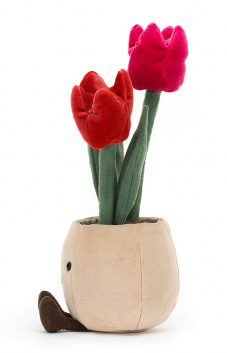 A plush toy depicting a beige pot with two pink tulips and green leaves