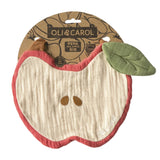 Oli & Carol Pepa The Apple Bib on its original kraft card packaging, showing Oeko-Tex and organic cotton certifications
