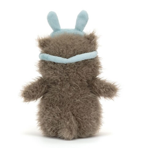 Owl soft toy with bluw sleep mask on