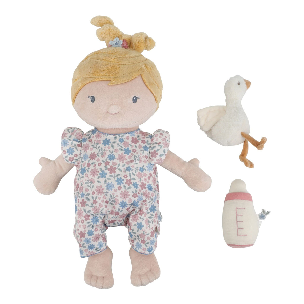 Baby Doll Julia with floral outfit, goose toy, and bottle on a white background