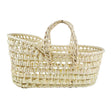 A beige wicker  woven bassinet or moses basket with two side handles, suitable for carrying dolls or soft toys.