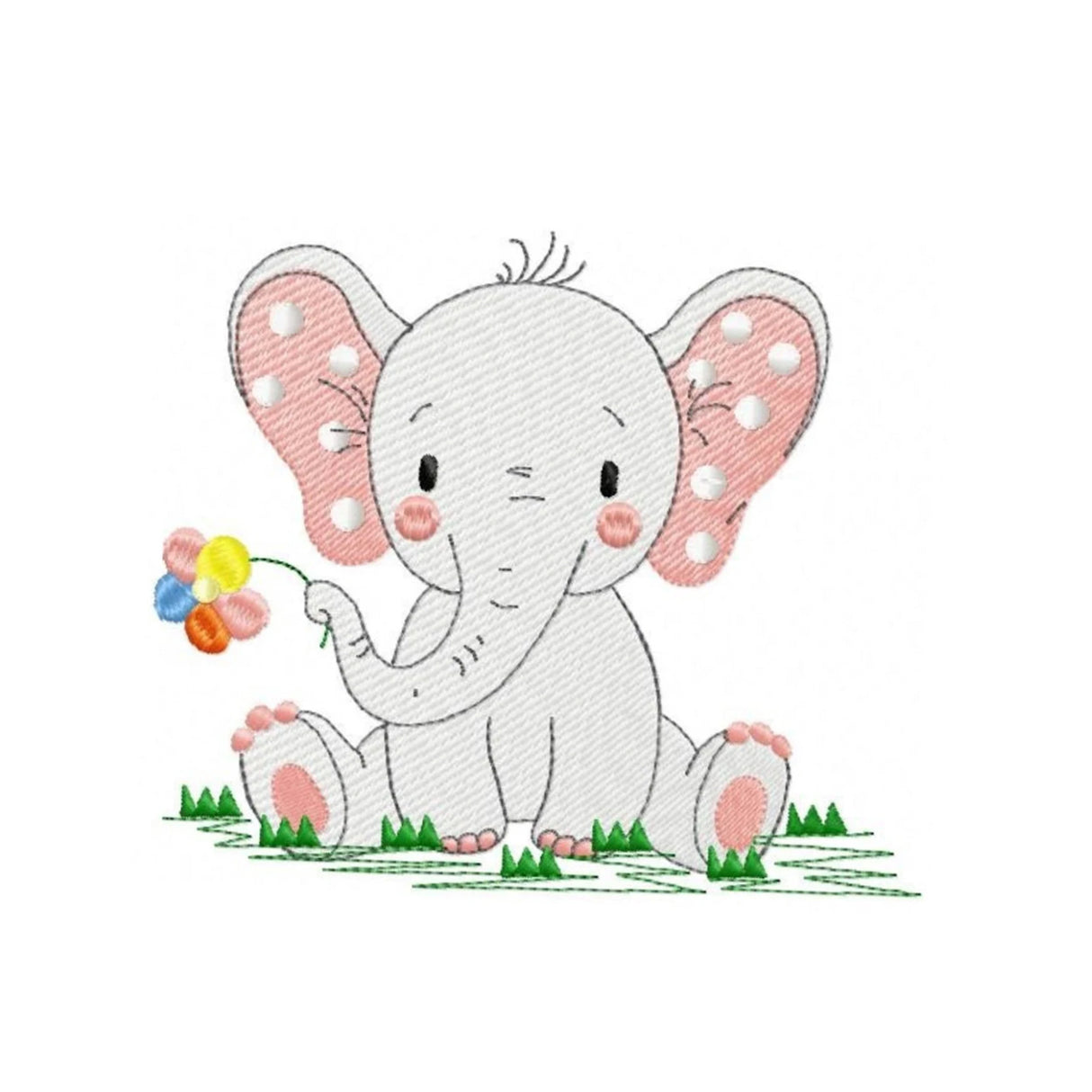Cartoon elephant holding a flower on a white background