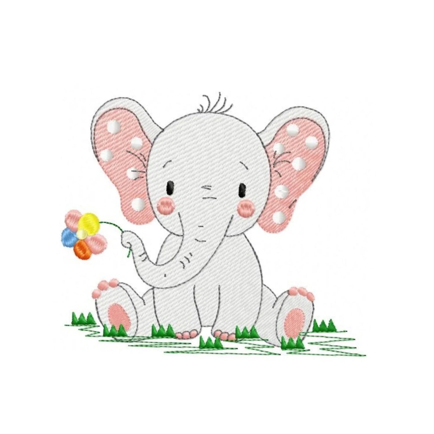 Cartoon elephant holding a flower on a white background