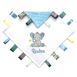 Baby comfort blanket with elephant design and name personalised on a white background