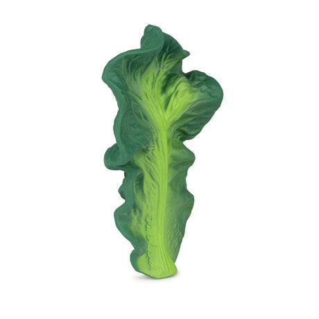 Green leafy Kale-shaped baby rubber teether toy on a white background