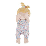 Little Dutch soft baby doll Julia with blonde hair, wearing a floral print romper in pink, blue, and white, set against a plain white background.