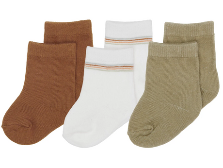 Little Dutch Vintage Baby Socks 3-pack - almond, white stripe and olive green organic cotton baby socks on white background