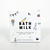 Bath milk packaging with cartoon illustrations on a white background