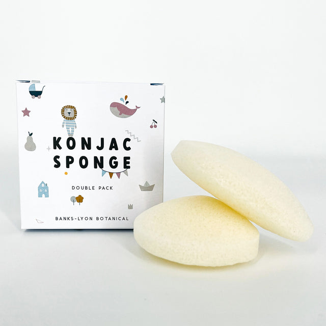Konjac sponge double pack with packaging on a white background