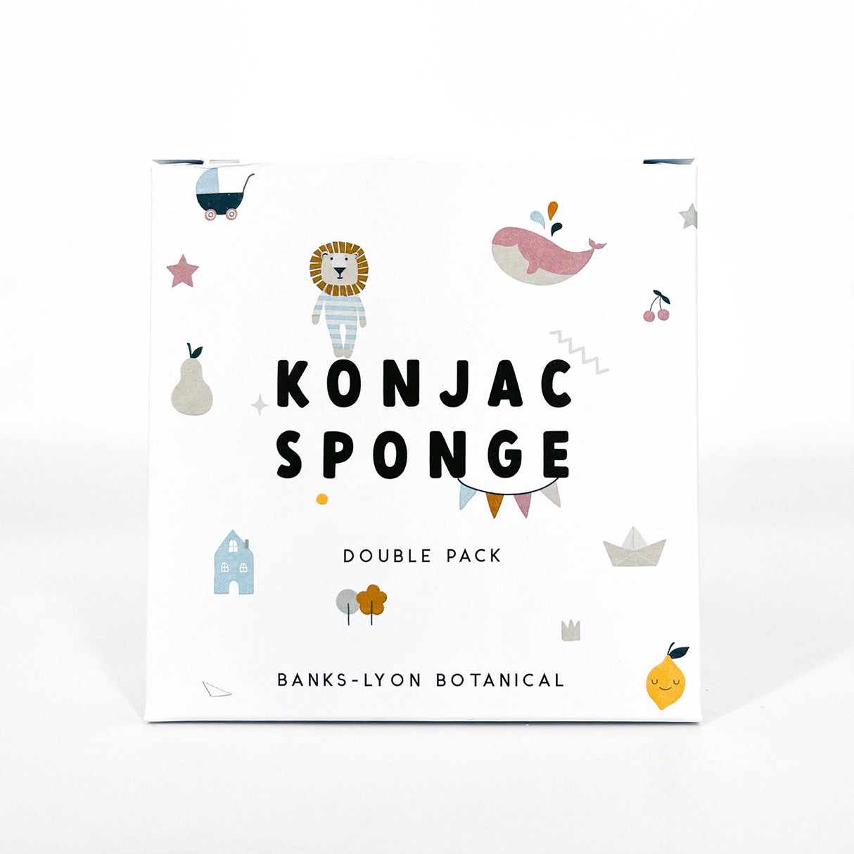 Konjac sponge packaging with cartoon illustrations on a white background