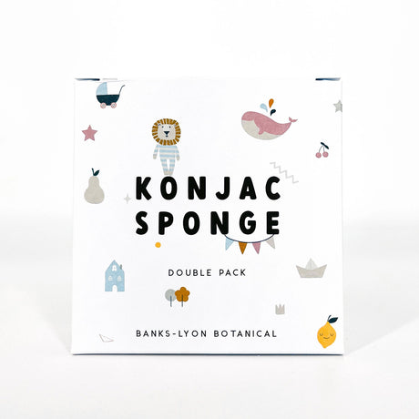 Konjac sponge packaging with cartoon illustrations on a white background