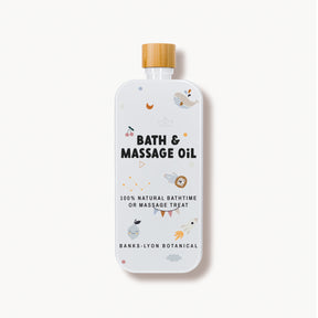 Bath Bath and massage oil bottle with a white label on a white background