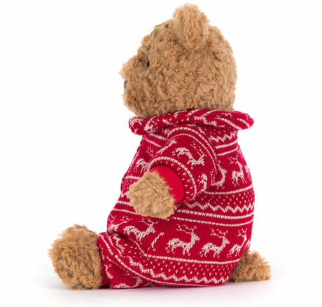 Bartholomew Teddy Bear wearing red nordic Winter Pyjamas