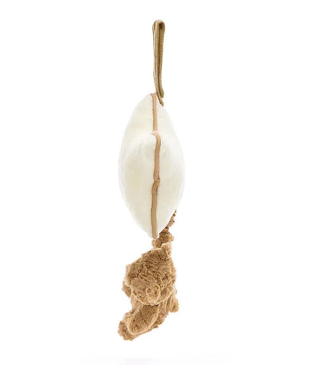 A beige and brown Jellycat musical pull toy in the shape of a star with a small bear hanging from it.