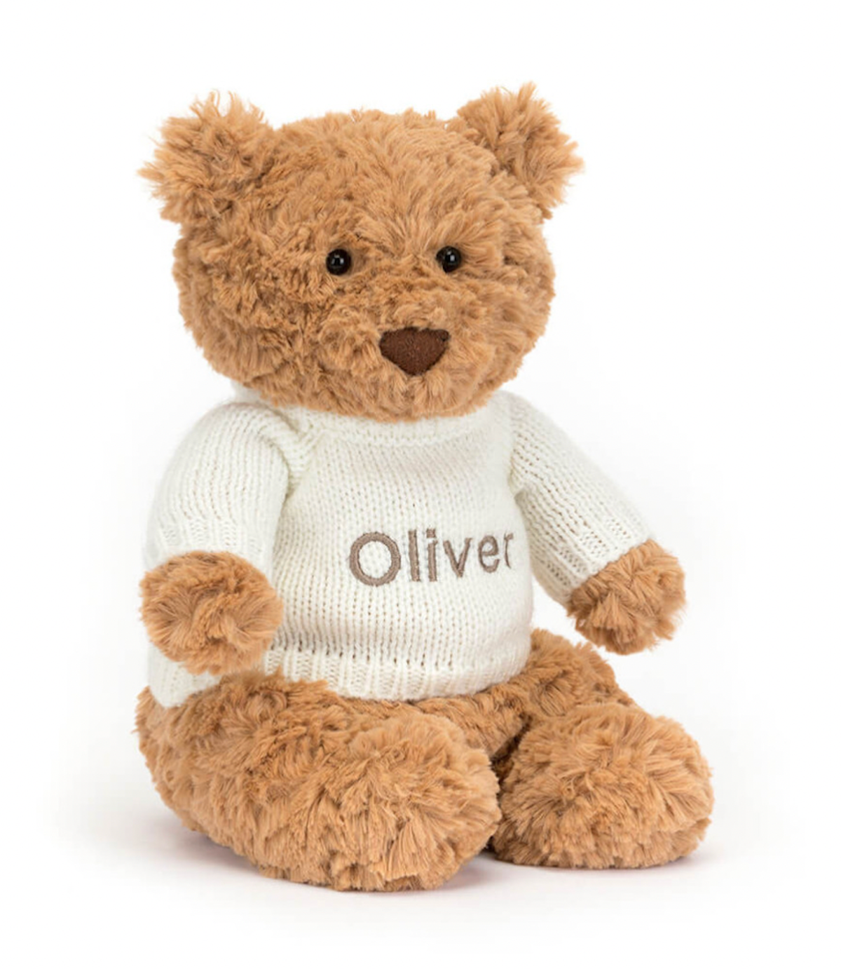 A beige Jellycat Bartholomew Bear with a personalised jumper that reads 'Oliver'.