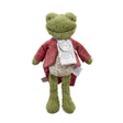 Plush Jeremy Fisher frog toy wearing a red velvet coat with a white label on a white background