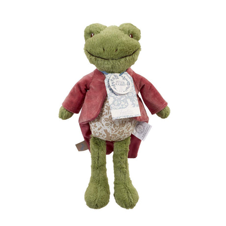 Plush Jeremy Fisher frog toy wearing a red velvet coat with a white label on a white background