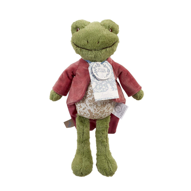 Plush Jeremy Fisher frog toy wearing a red velvet coat with a white label on a white background