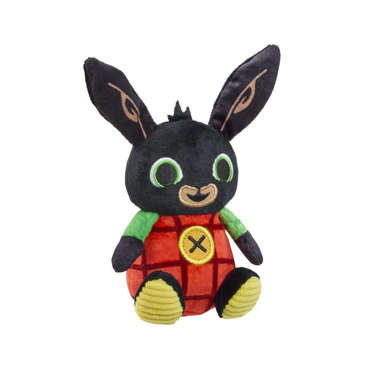 Plush Bing rabbit beanie soft toy with black face, green eyes, red check outfit on a white background