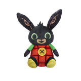 Plush Bing rabbit beanie soft toy with black face, green eyes, red check outfit on a white background