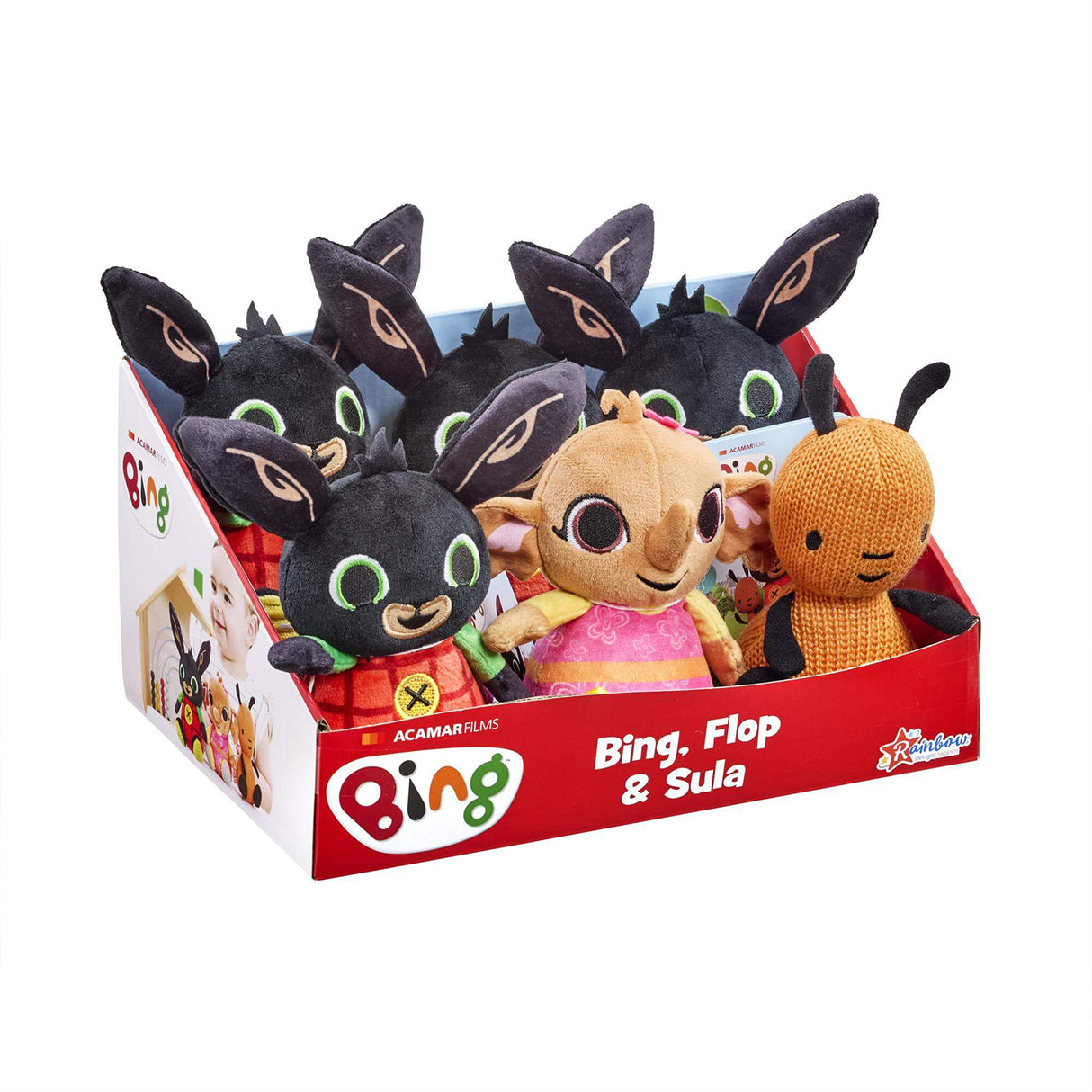 Plush Bing beanie soft toys with rabbit with black face, green eyes, red check outfit and elephant Sula toy and flop on a white background