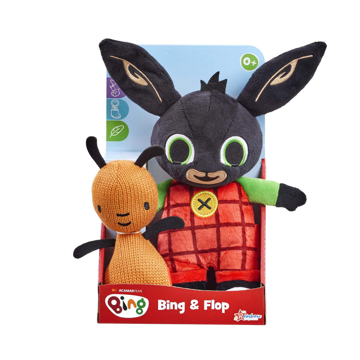 Plush soft toys Bing and Flop in their box packaging on a white background