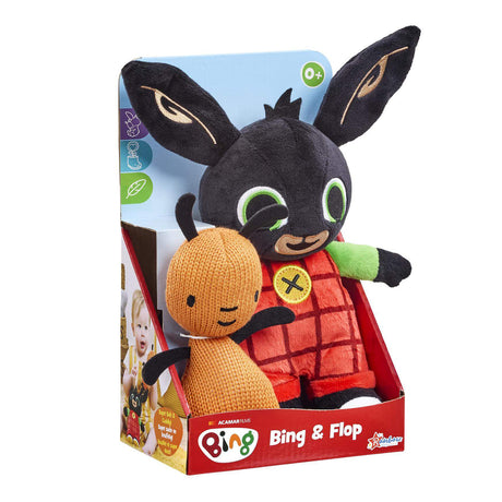 Plush toy with packaging featuring 'Bing & Flop' characters on a white background