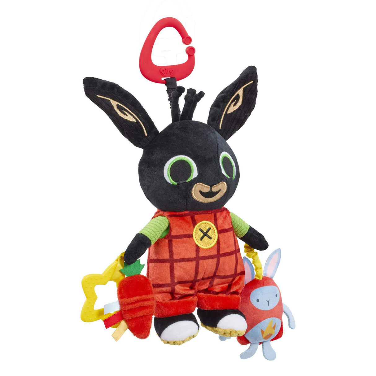 Plush bing toy with a red carabiner a and teether on a white background