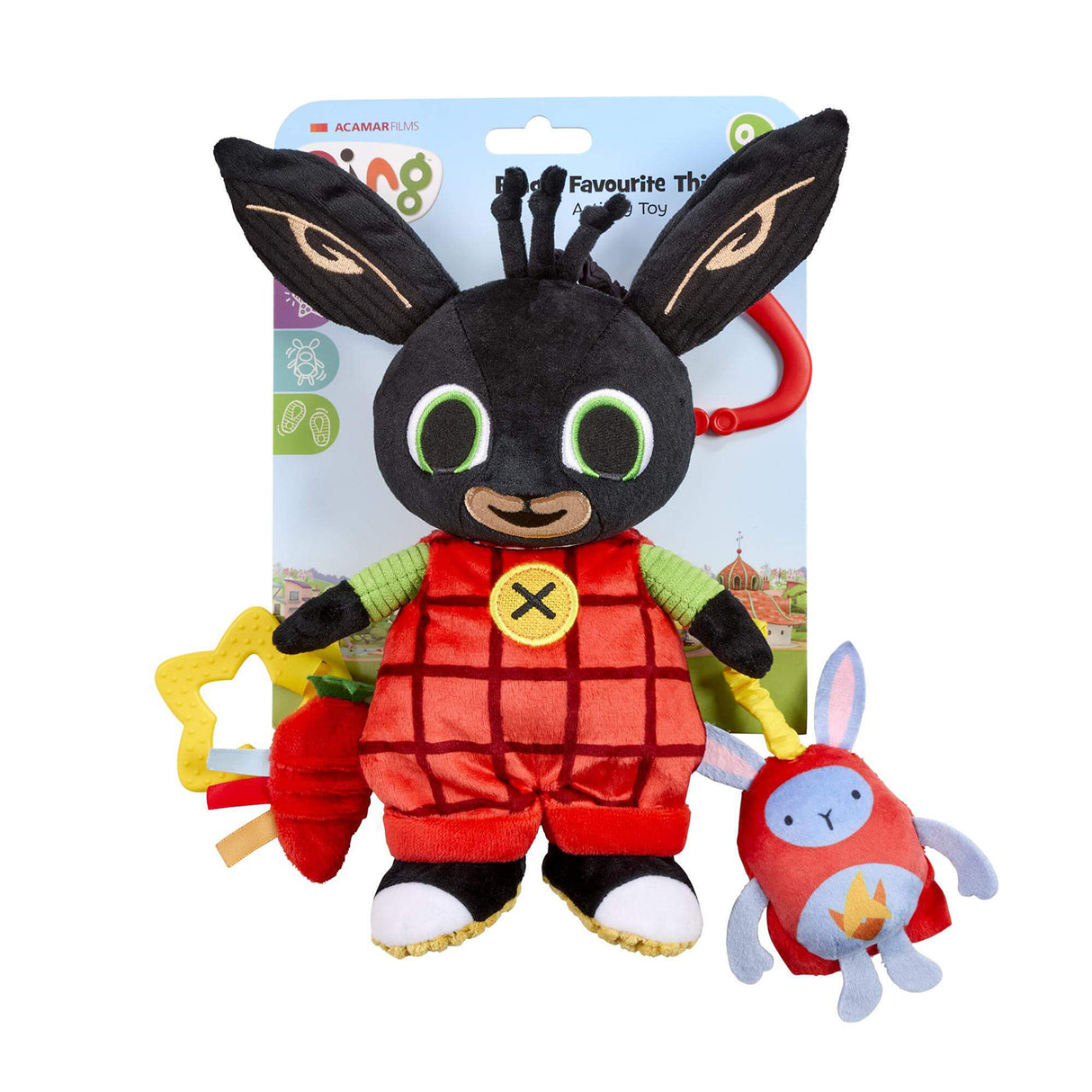 Plush bing toy with black and red outfit on place card on a white background