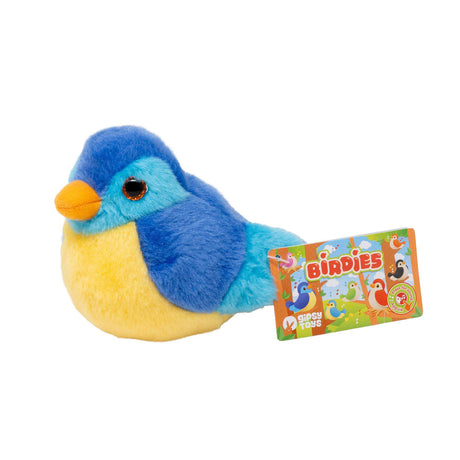 A plush toy bird in bright blue and yellow with an orange beak, shown with its tag 